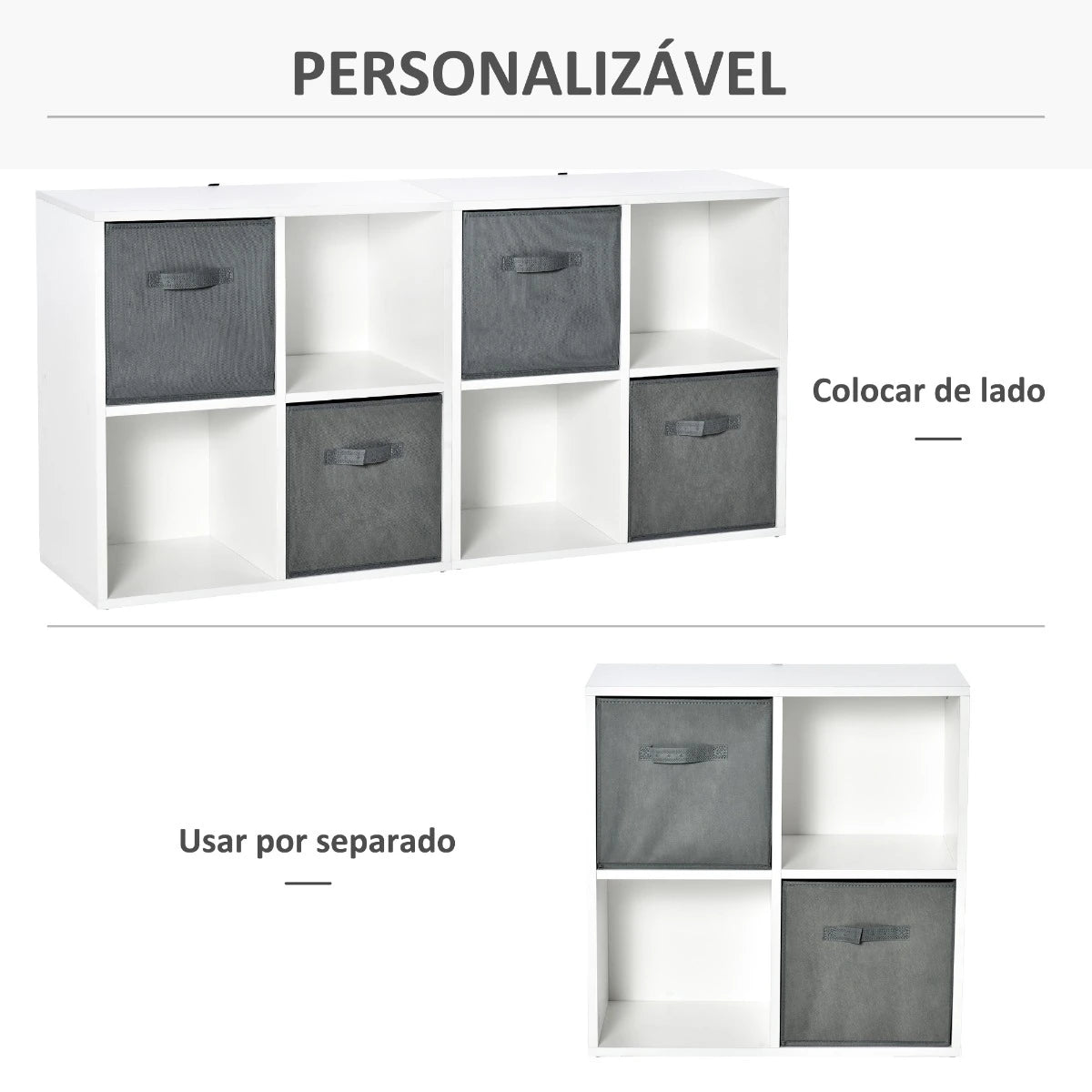 HOMCOM Estante para Livros de 4 Cubos Estante Modular com 2 Cestos Removíveis de TNT para Escritório Estúdio Dormitório 61,5x30x61,5cm Branco e Cinza