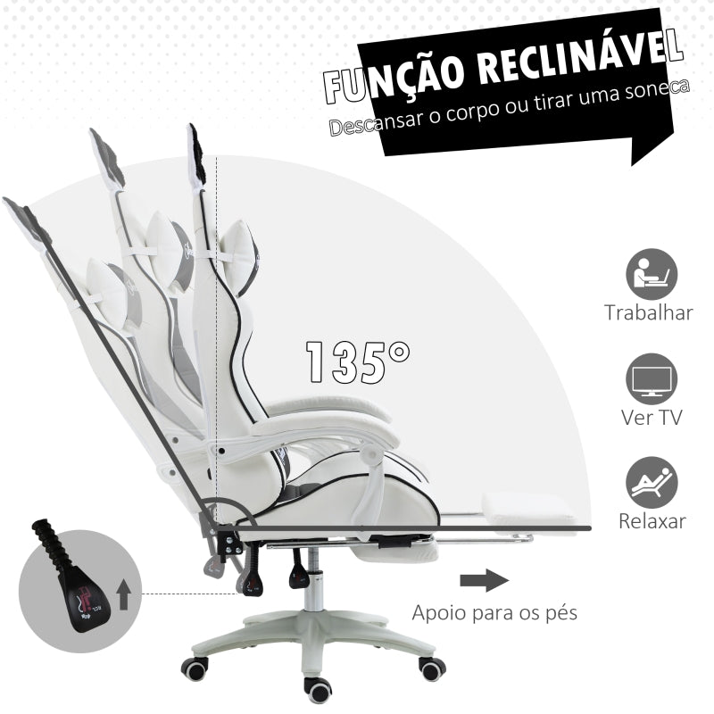 Vinsetto Cadeira Gaming Giratória de Couro PU com Altura Ajustável Inclinável 135° Apoio para a Cabeça 65x63x136-142 cm Branco e Preto