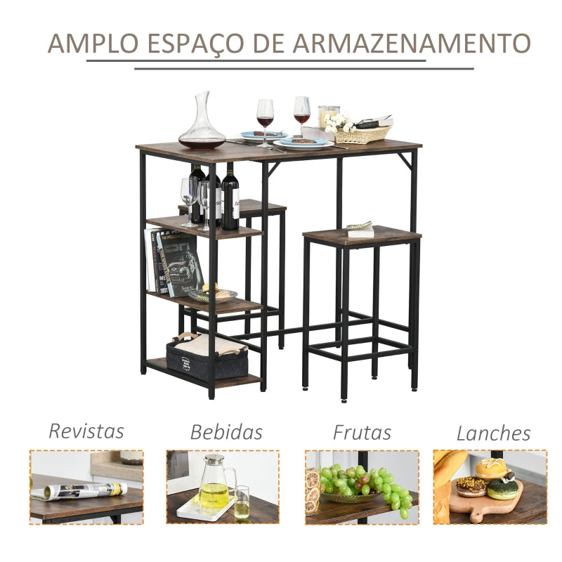 HOMCOM Conjunto de mesa de bar e 2 bancos com apoio para os pés e prateleiras de 3 níveis 109x60x100 cm marrom rústico