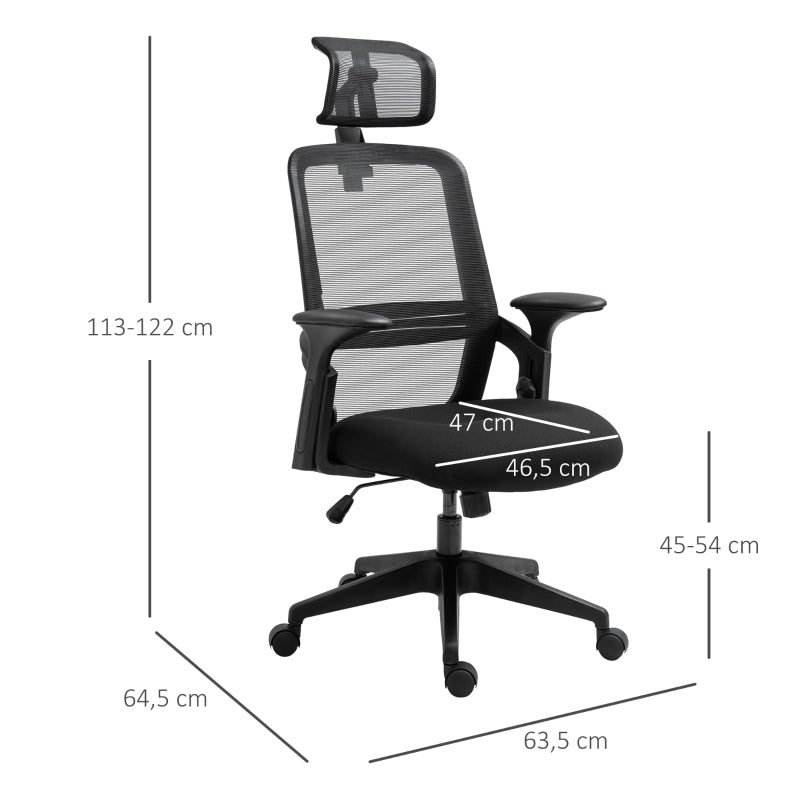 Vinsetto Cadeira de Escritório Ergonômica Giratória com Altura Ajustável Apoio para a Cabeça Suporte Lombar Reguláveis e Encosto Transpirável 63,5x64,5x113-122cm Preto