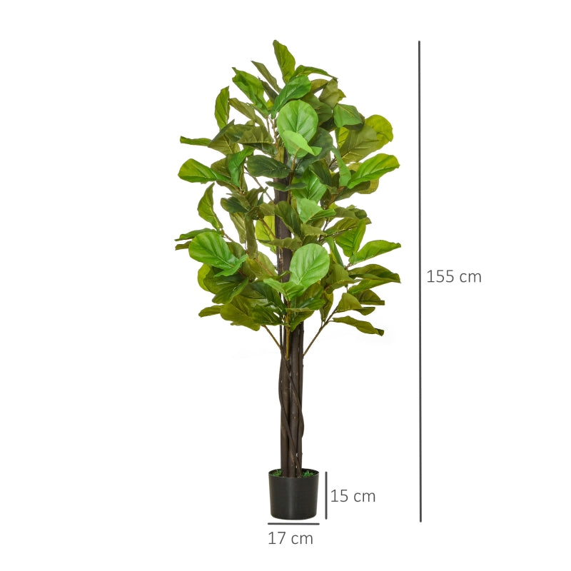 HOMCOM Planta Artificial Figueira no Vaso 155cm de Altura com 114 Folhas Planta Artificial para Interior Decoração para Casa Sala de Estar Dormitório Verde