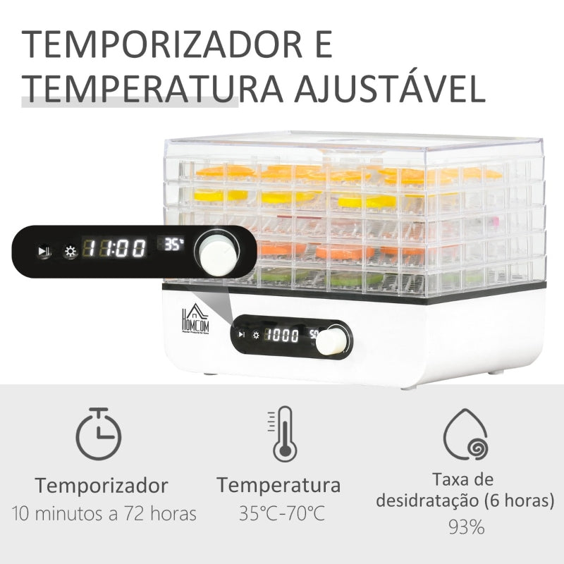 HOMCOM Desidratador de Alimentos 400W com 5 Bandejas Tela LCD Temperatura Ajustável 35-70 Graus e Temporizador de 72 horas para Verduras Frutas Carne sem BPA 29x19x21,5cm Branco