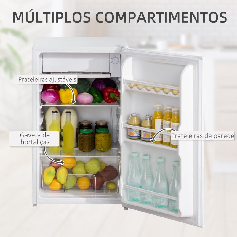 HOMCOM Mini Frigorífico 91L de Capacidade Frigorífico Elétrico Pequeno com Prateleira Ajustável Compartimento Congelador e Porta Reversível Silencioso 41dB 47,5x44,2x84cm Branco