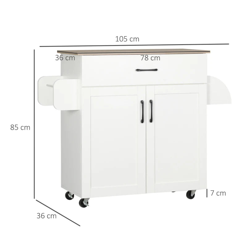 HOMCOM Carrinho de Cozinha com 1 Gaveta Suporte para Panos e Especies Carrinho Auxiliar com Rodas 105x36x85cm Branco