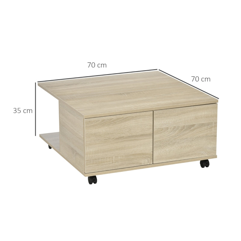 HOMCOM Mesa de Centro para Sala de Estar Mesa de Centro com Rodas 2 Prateleiras Abertas e 2 Gavetas 70x70x35cm Natural