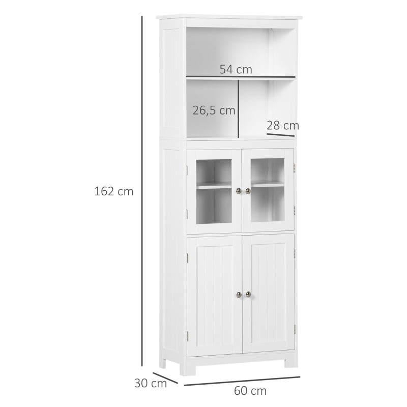 HOMCOM Armário de Cozinha com 2 Portas de Vidro Temperado 2 Prateleiras Abertas e Armário com Prateleira Ajustável 60x30x162 cm Branco