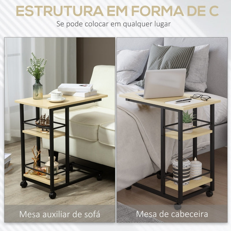 HOMCOM Mesa Auxiliar com Rodas Mesa Lateral em Forma de C para Sofá Cama com 2 Prateleiras e Freios Estilo Moderno 60x34,5x64,5cm Madeira