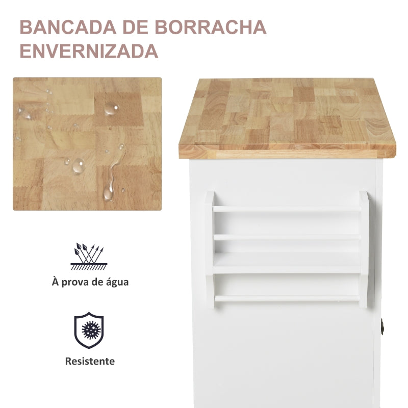 HOMCOM Ilha de Cozinha com Rodas 2 Gavetas 4 Portas Suporte para Temperos e Barra Lateral 111x44,5x82,5cm Branco e Madeira