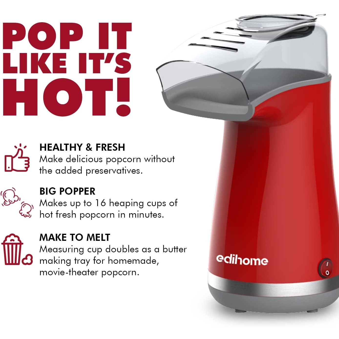 Edihome, Popcorn (vermelho) Máquina de pipocas elétrica, 1200 W, inclui colher de dose, pipocas de milho