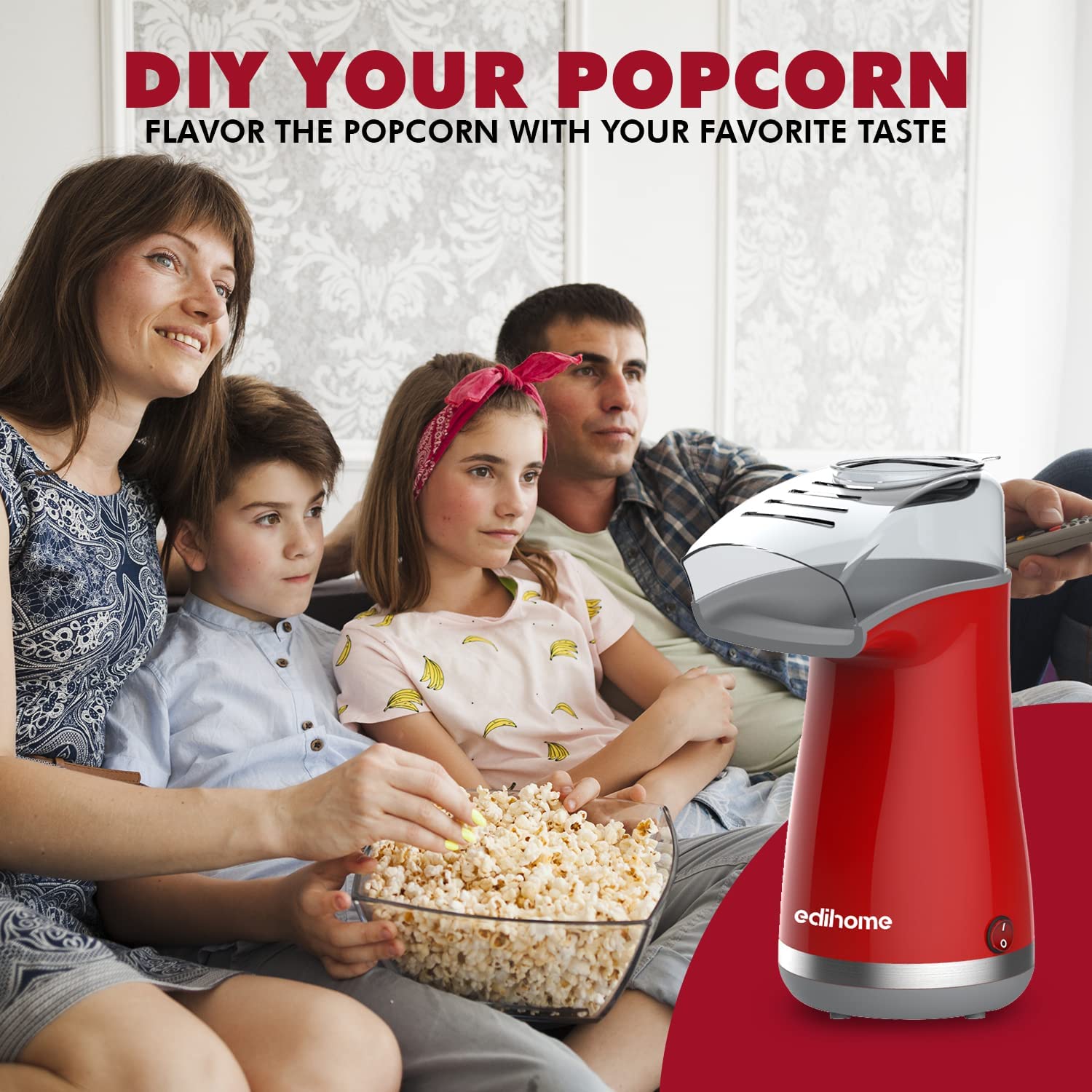 Edihome, Popcorn (vermelho) Máquina de pipocas elétrica, 1200 W, inclui colher de dose, pipocas de milho