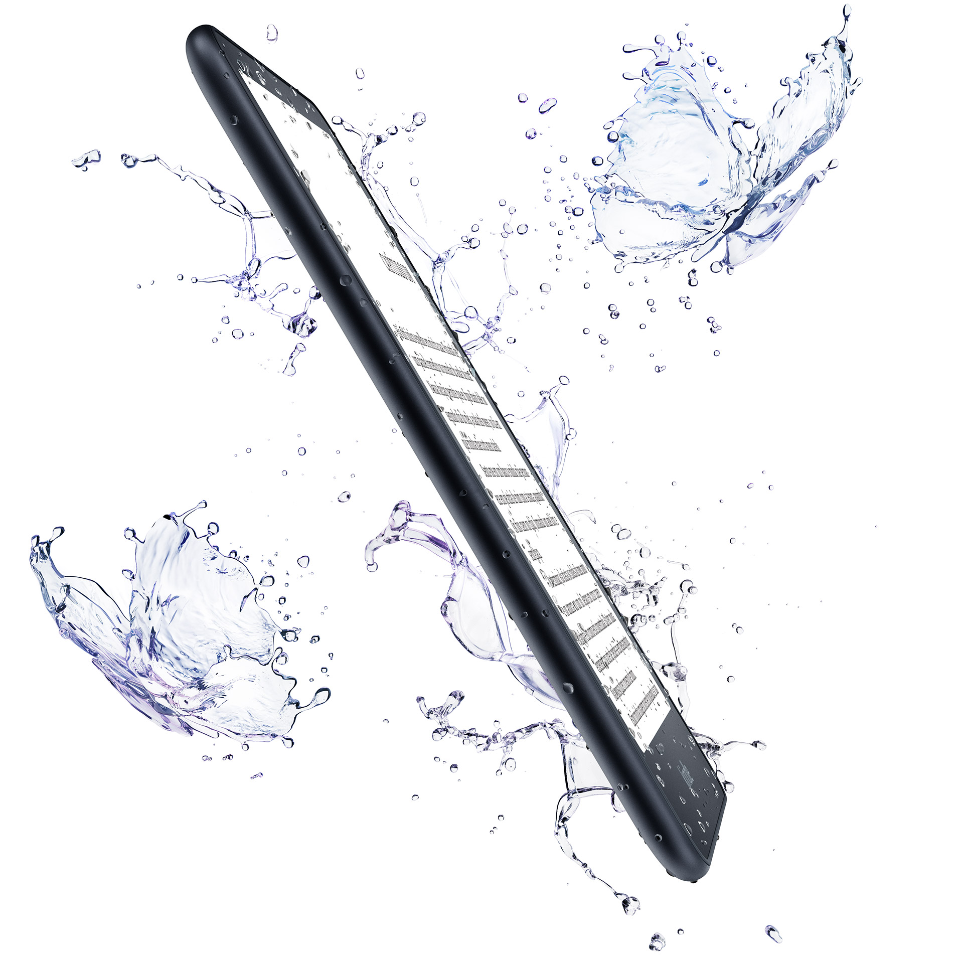 Visão do perfil fino do Kindle Paperwhite Signature Edition. Gotas de água em forma de borboletas flutuam ao redor do dispositivo.